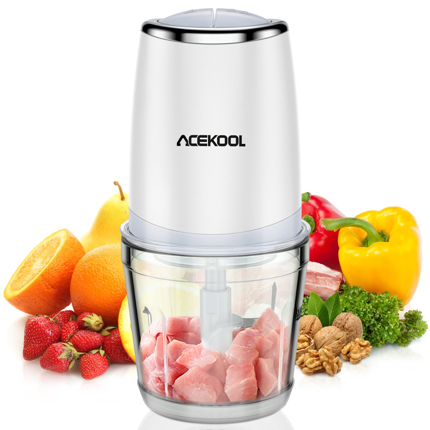 Acekool Mini Food Processor, Meat Grinder with 3D Stainless Steel Blades,Glass Bowl for Meat, Onions, Vegetables, Fruits, 600ML Capacity