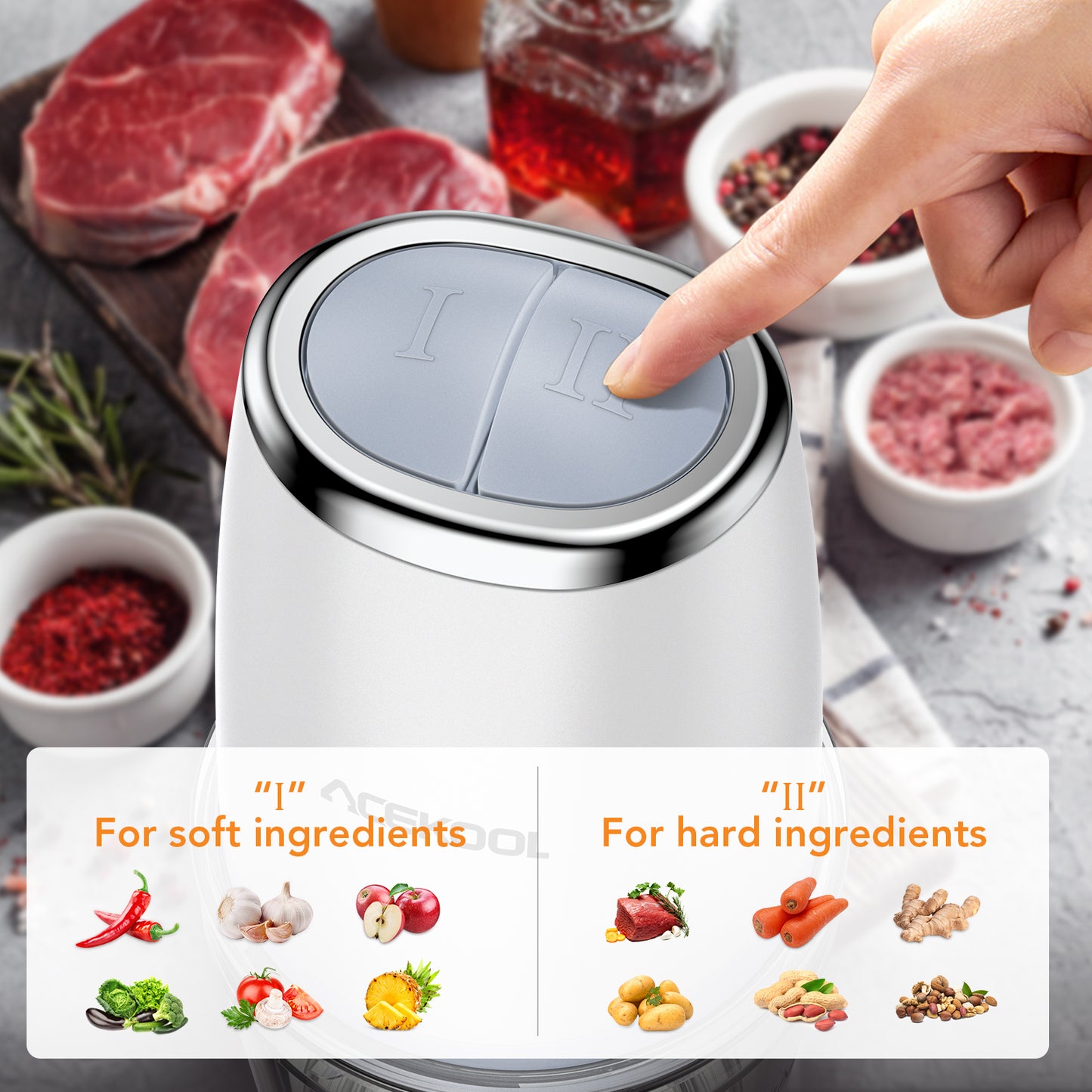 Acekool Mini Food Processor, Meat Grinder with 3D Stainless Steel Blades,Glass Bowl for Meat, Onions, Vegetables, Fruits, 600ML Capacity