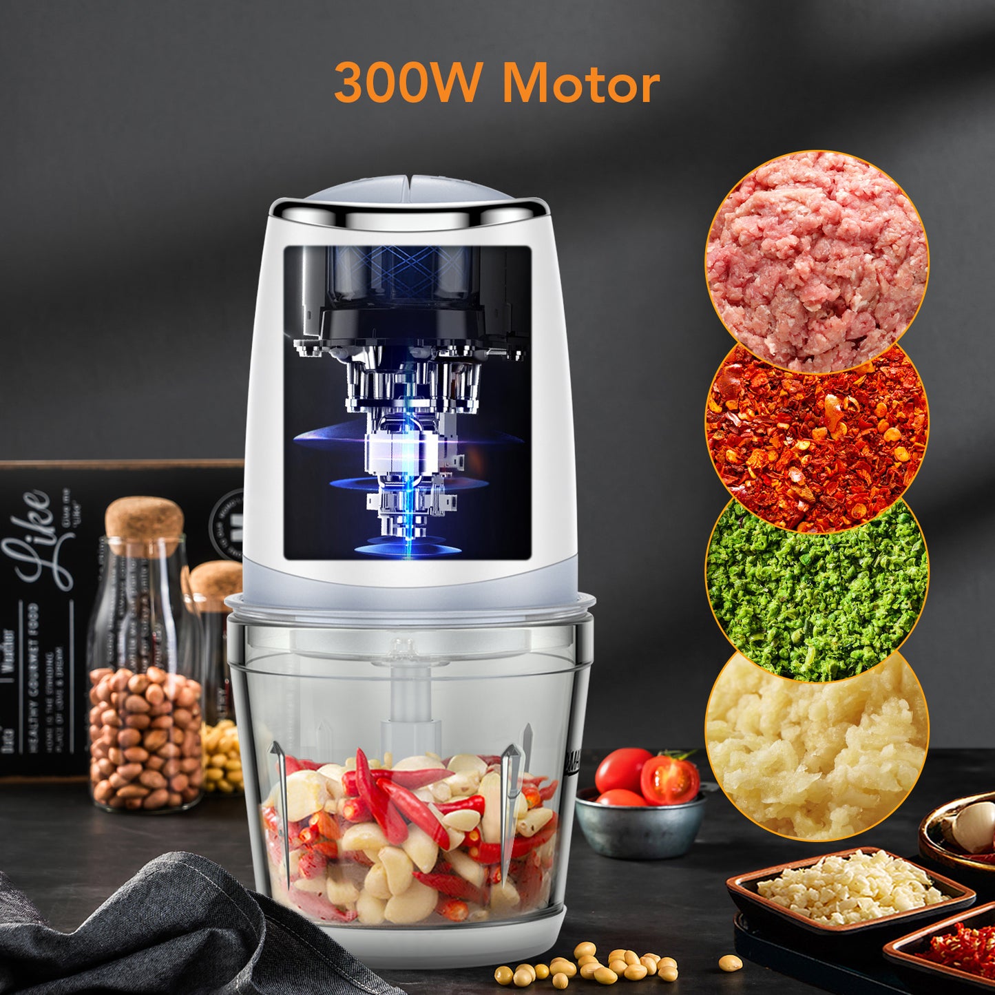 Acekool Mini Food Processor, Meat Grinder with 3D Stainless Steel Blades,Glass Bowl for Meat, Onions, Vegetables, Fruits, 600ML Capacity