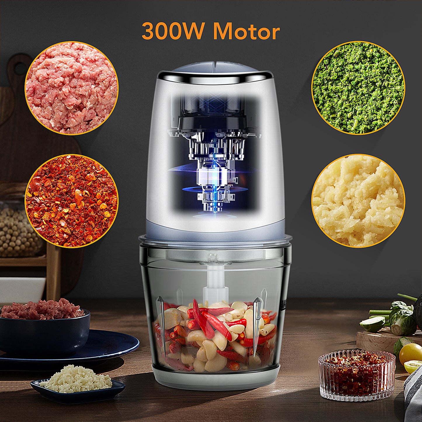 Acekool Mini Food Processor, Meat Grinder with 3D Stainless Steel Blades,Glass Bowl for Meat, Onions, Vegetables, Fruits, 600ML Capacity
