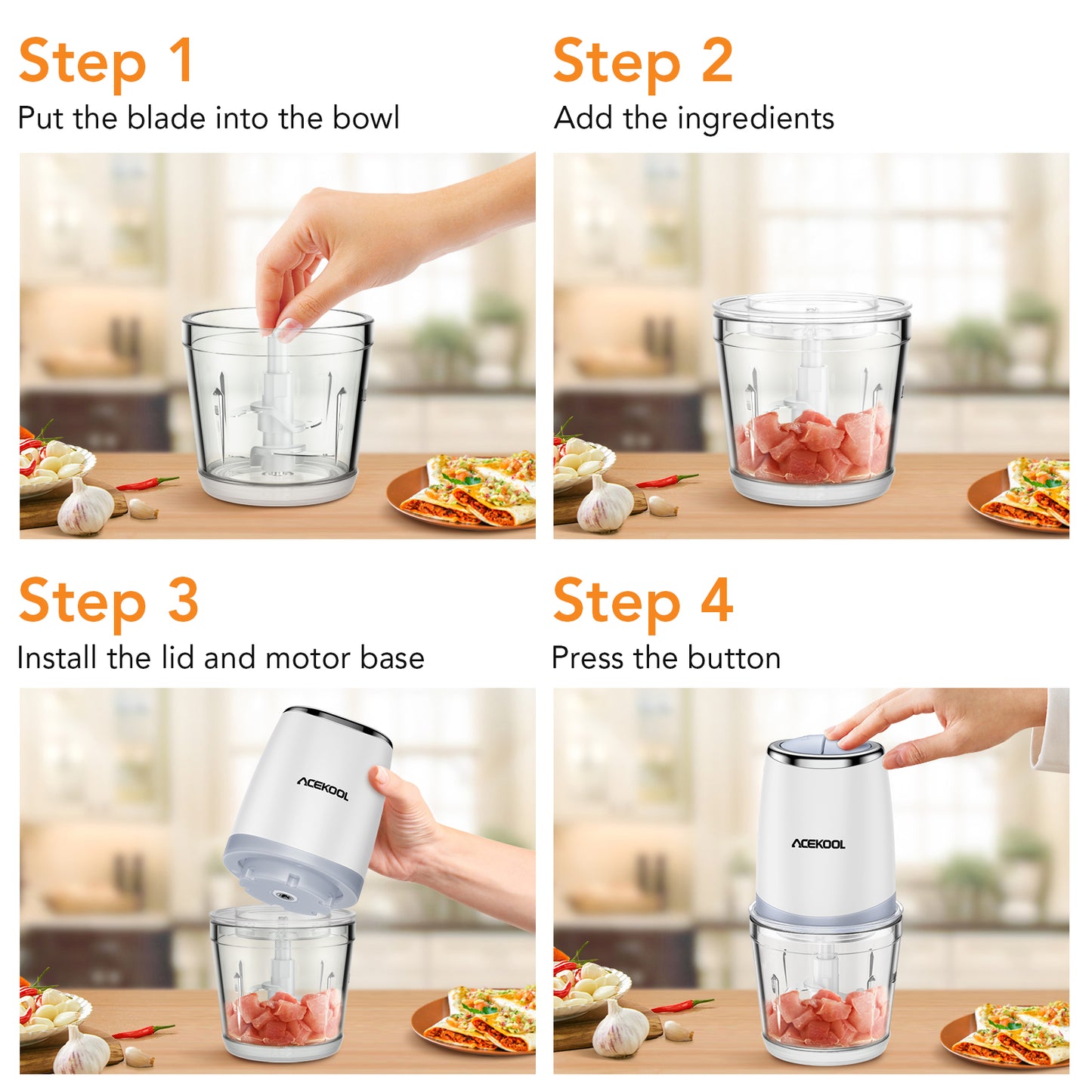 Acekool Mini Food Processor, Meat Grinder with 3D Stainless Steel Blades,Glass Bowl for Meat, Onions, Vegetables, Fruits, 600ML Capacity