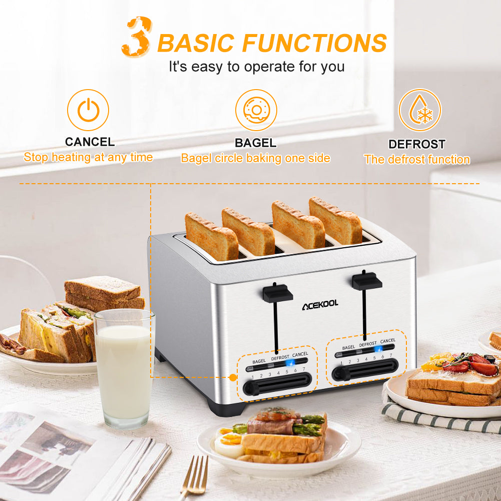 Acekool Toaster TA1 - Stainless Steel 4-Slice 7 Shades Toaster