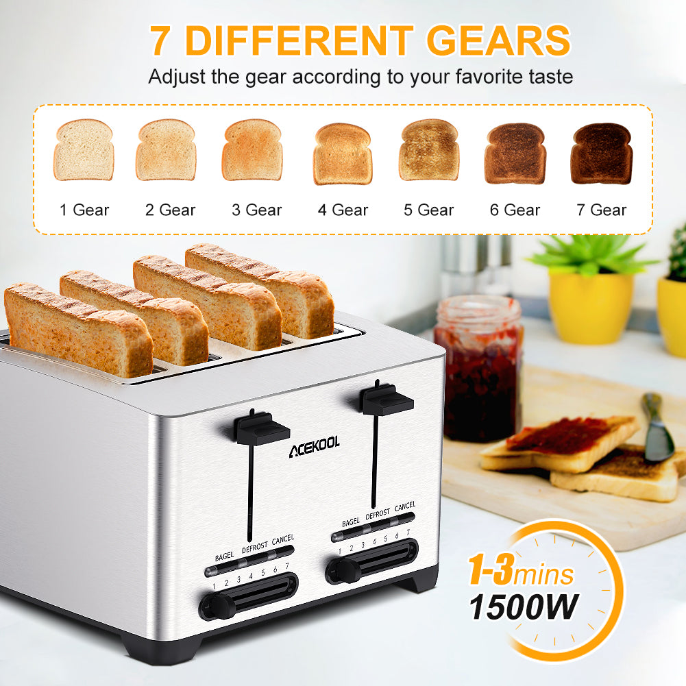 Acekool Toaster TA1 - Stainless Steel 4-Slice 7 Shades Toaster