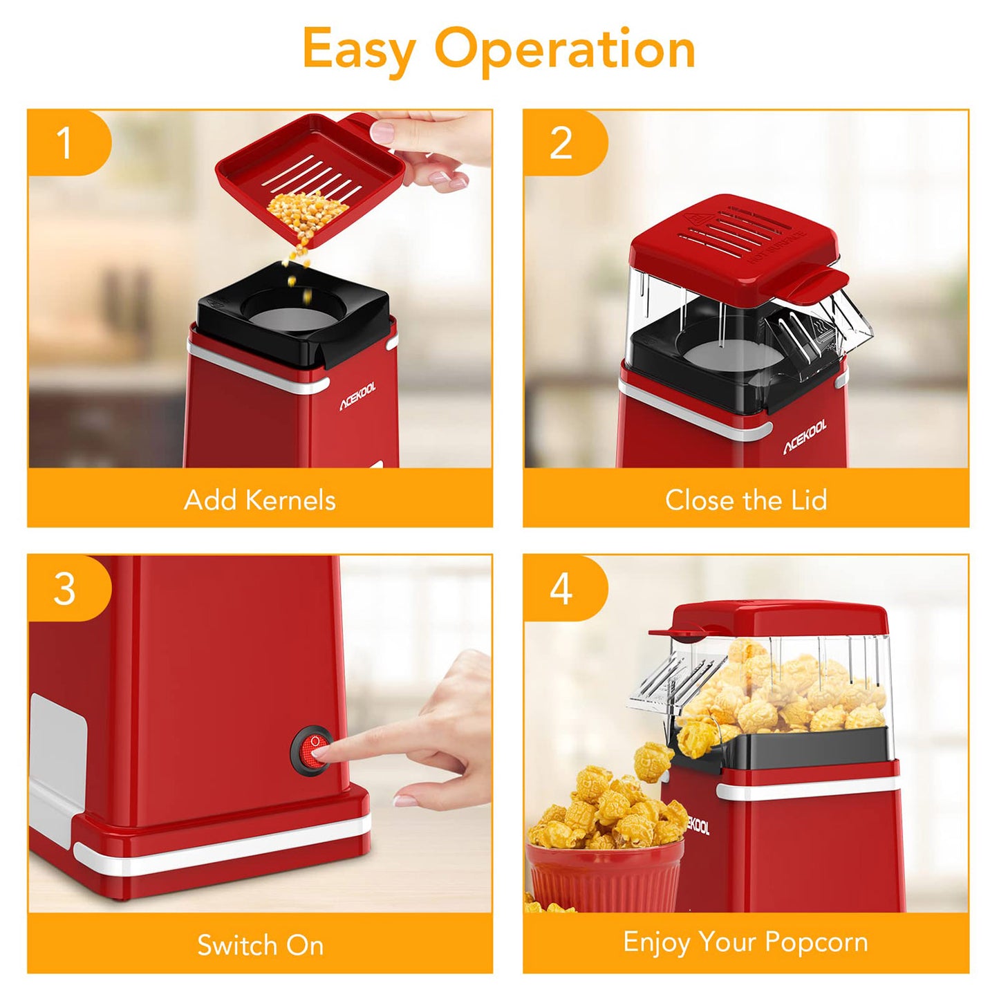 Acekool Popcorn Maker PA1 - 2 Minutes No-Oil Popper