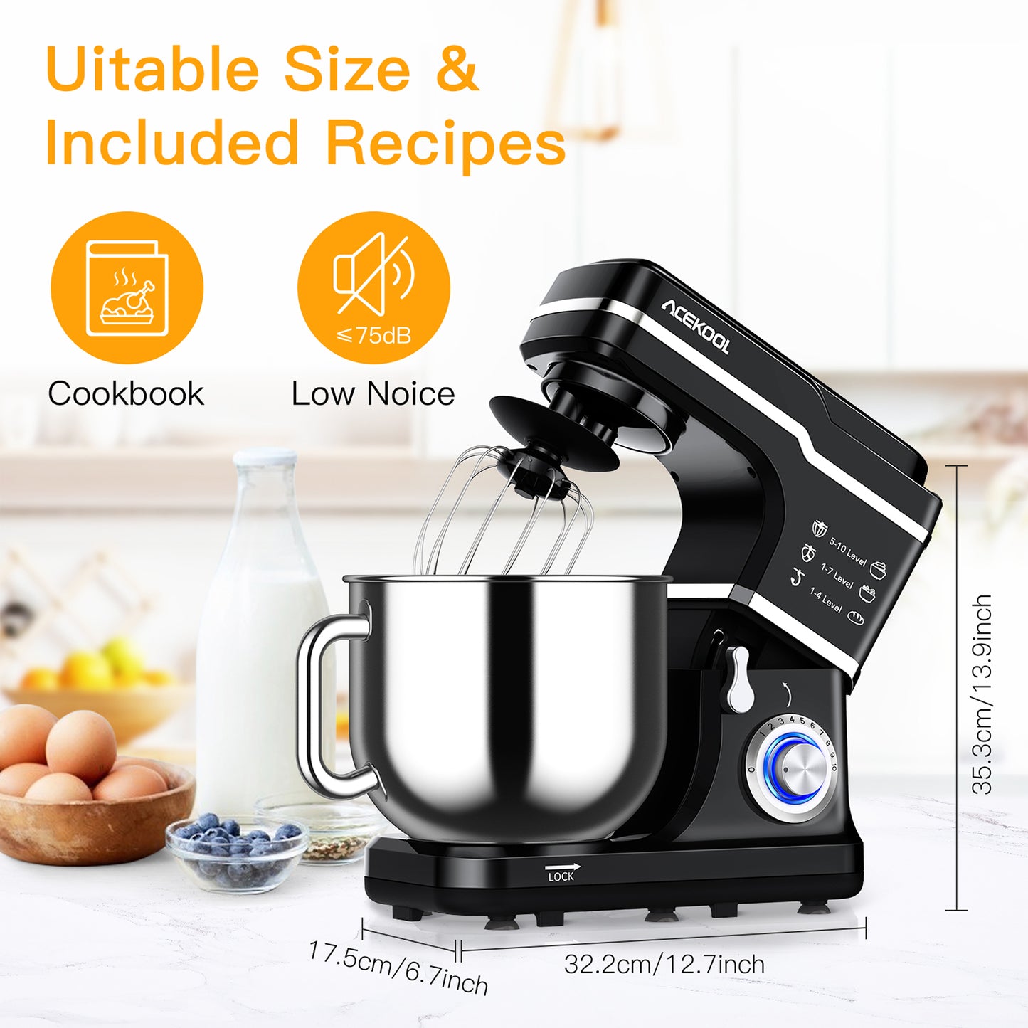 Acekool Mixer MC1 -  7.5 Quart 10 Speeds Tilt-Head Stand Mixer