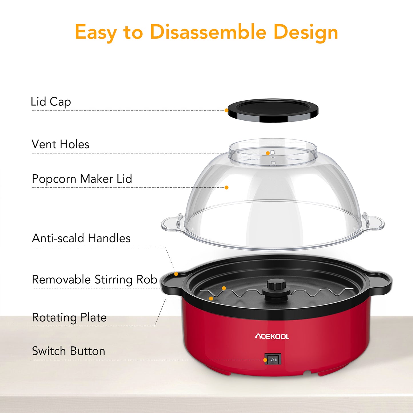 Acekool Popcorn Maker PA3 - Upgraded 2-in-1 Stirring Popper