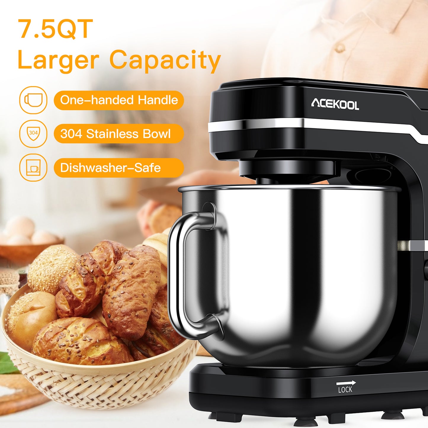 Acekool Mixer MC1 -  7.5 Quart 10 Speeds Tilt-Head Stand Mixer