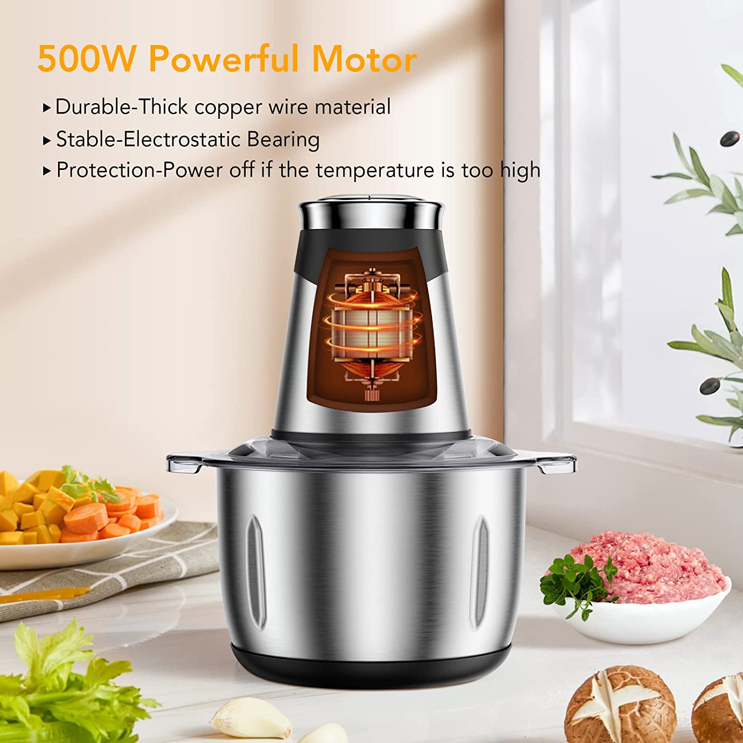 NEW Electric Food Chopper 500W Food Processor Meat Grinder with 2L