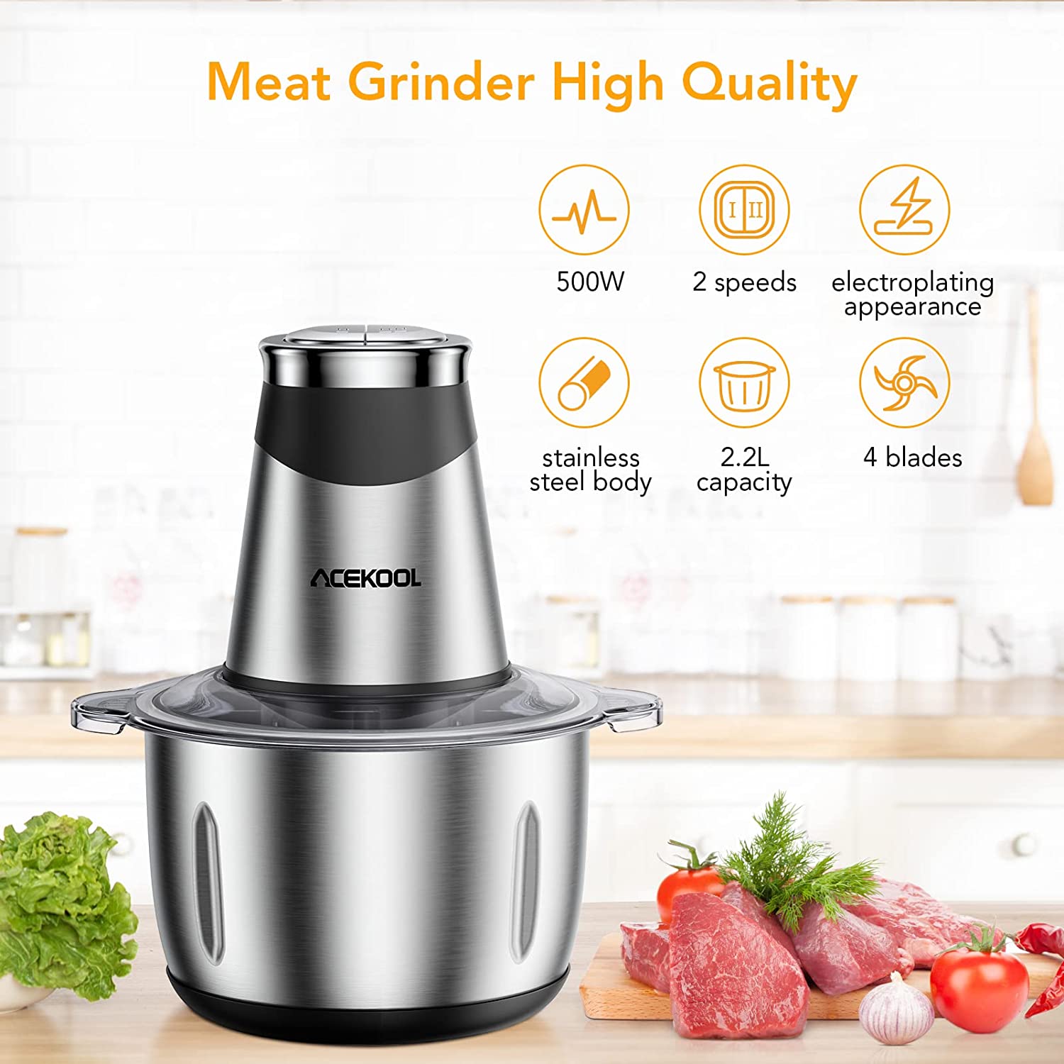 Acekool Electric Food Chopper, 300W 2-Cup Mini Food Processor with 4 Sharp  Blades